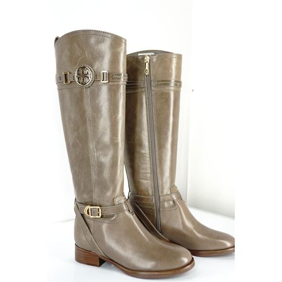 Tory Burch Beige Leather Calista Logo Knee Takk Riding Boots Size 5 Asphalt NIB - Picture 9 of 10
